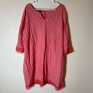 Talbots Woman Petite Coral Pink Linen Blend Crochet Trim V Neck Dress‎ 20WP